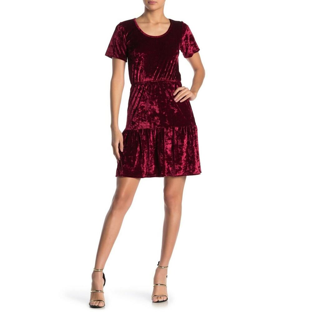 Velvet Torch Red Velvet Tiered PEPLUM A-Line Dress Short Sleeve MEDIUM NEW